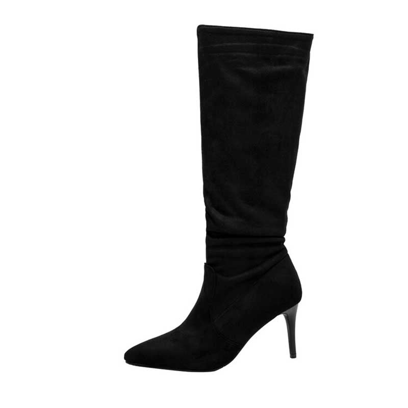 Black suede knee high boots for special occasions with pointed toe and slim high heel