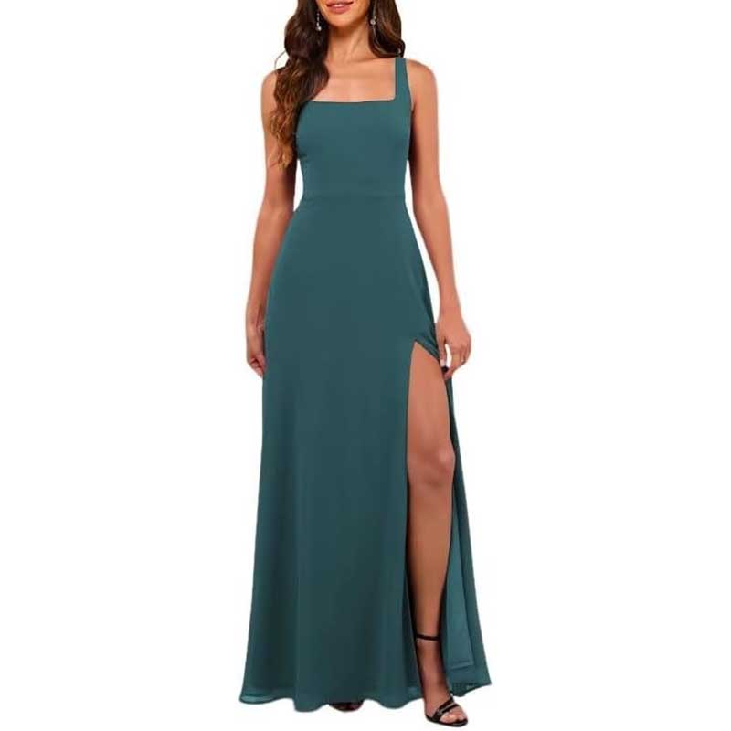 Elegant green chiffon bridesmaid dress with high split sleeveless prom dress