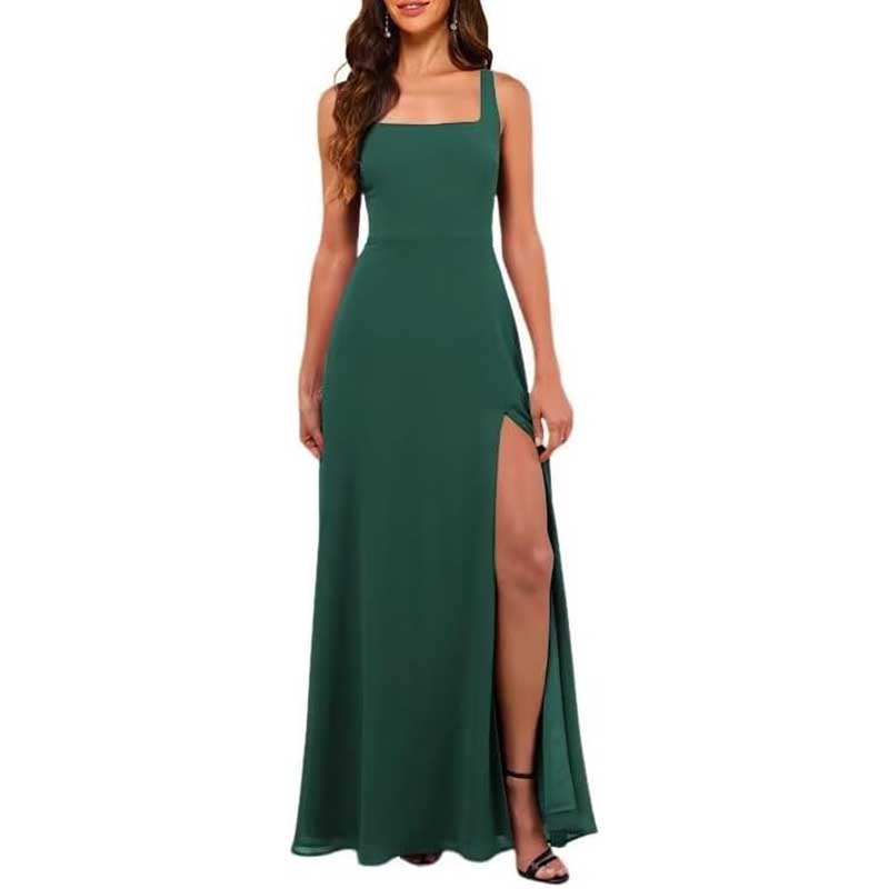 Green chiffon bridesmaid dress with high split and square neckline sleeveless design