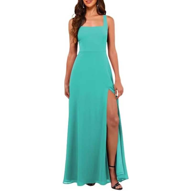 Turquoise chiffon bridesmaid dress with high split and square neckline sleeveless design