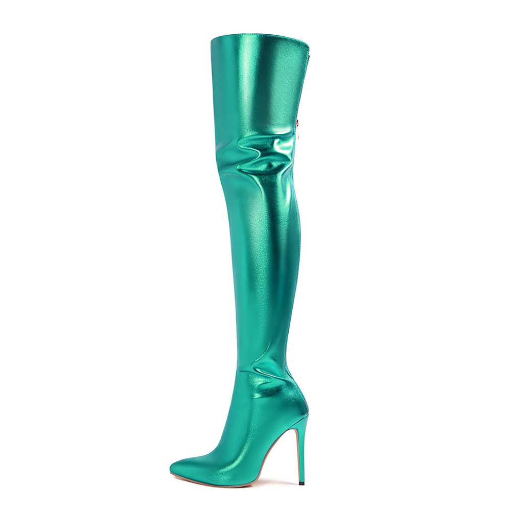 Shiny leather high heel over the knee boots for women in metallic teal color with pointed toe