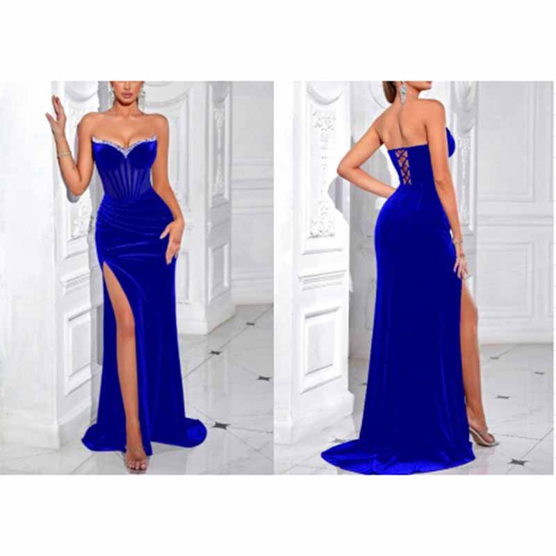 Sweetheart Neck Corset Split Velvet Long Evening Dress With Rhinestone