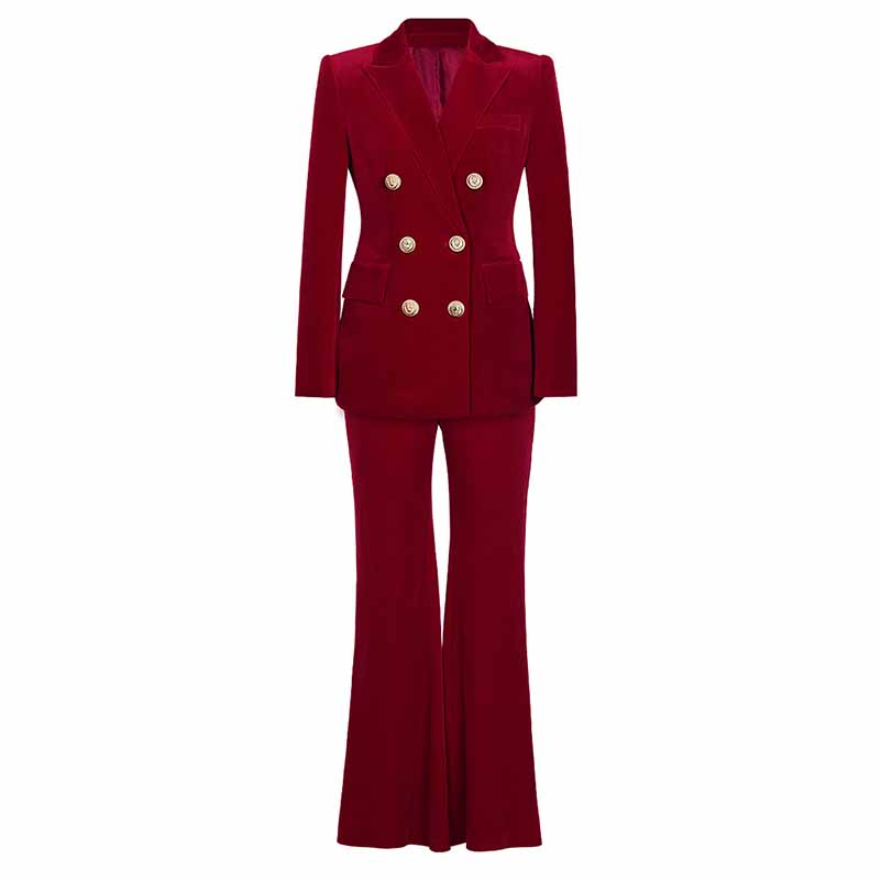Women Velvet Pantsuit Double Breasted Gold Button Simt Fit Suit