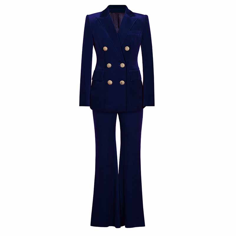 Women Velvet Pantsuit Double Breasted Gold Button Simt Fit Suit