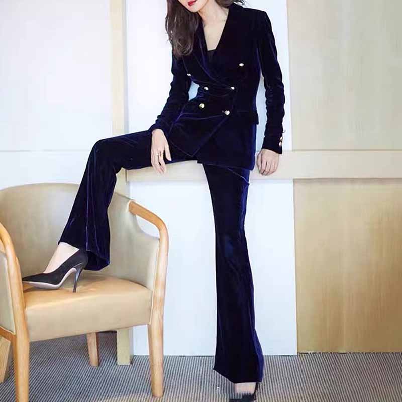 Women Velvet Pantsuit Double Breasted Gold Button Simt Fit Suit