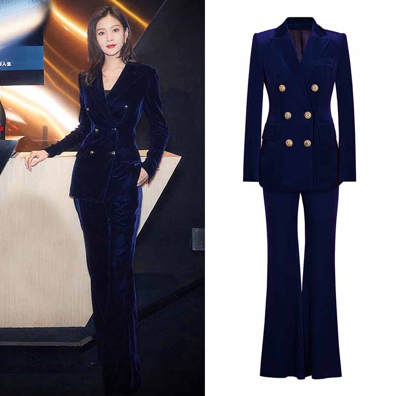 Women Velvet Pantsuit Double Breasted Gold Button Simt Fit Suit