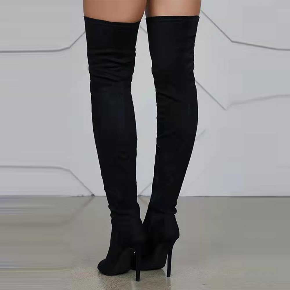 Black high heeled over the knee boots for women with a sleek, fitted design
