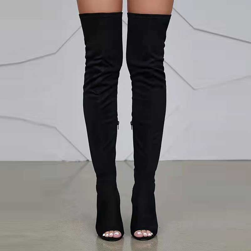 Black high heeled over the knee boots for women with peep toe and sleek fit