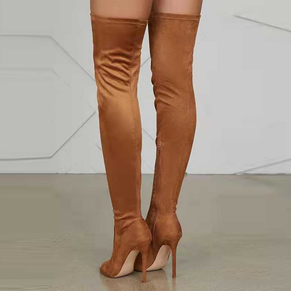 Brown high heeled over the knee boots for women with slim stiletto heels and soft suede finish