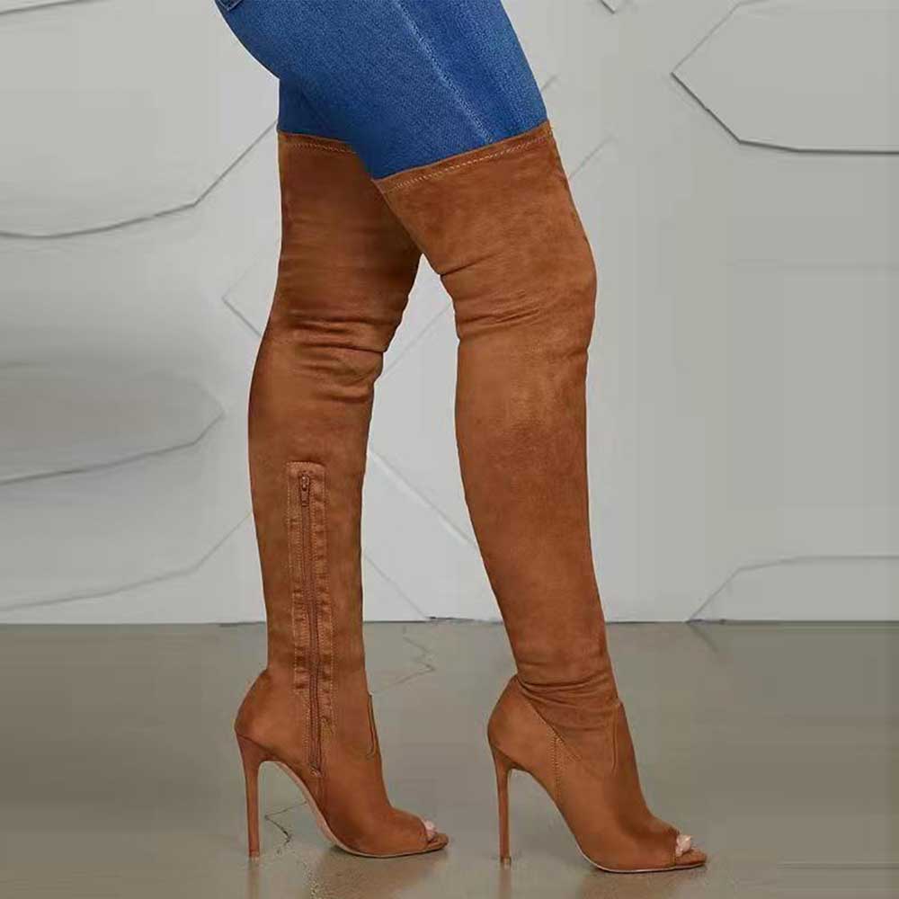 Brown high heeled over the knee boots for women with zipper detail and peep toe design