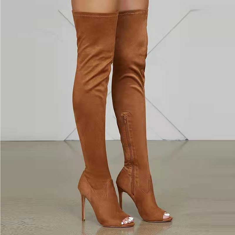 Brown high heeled over the knee boots for women with peep toe and side zipper detail