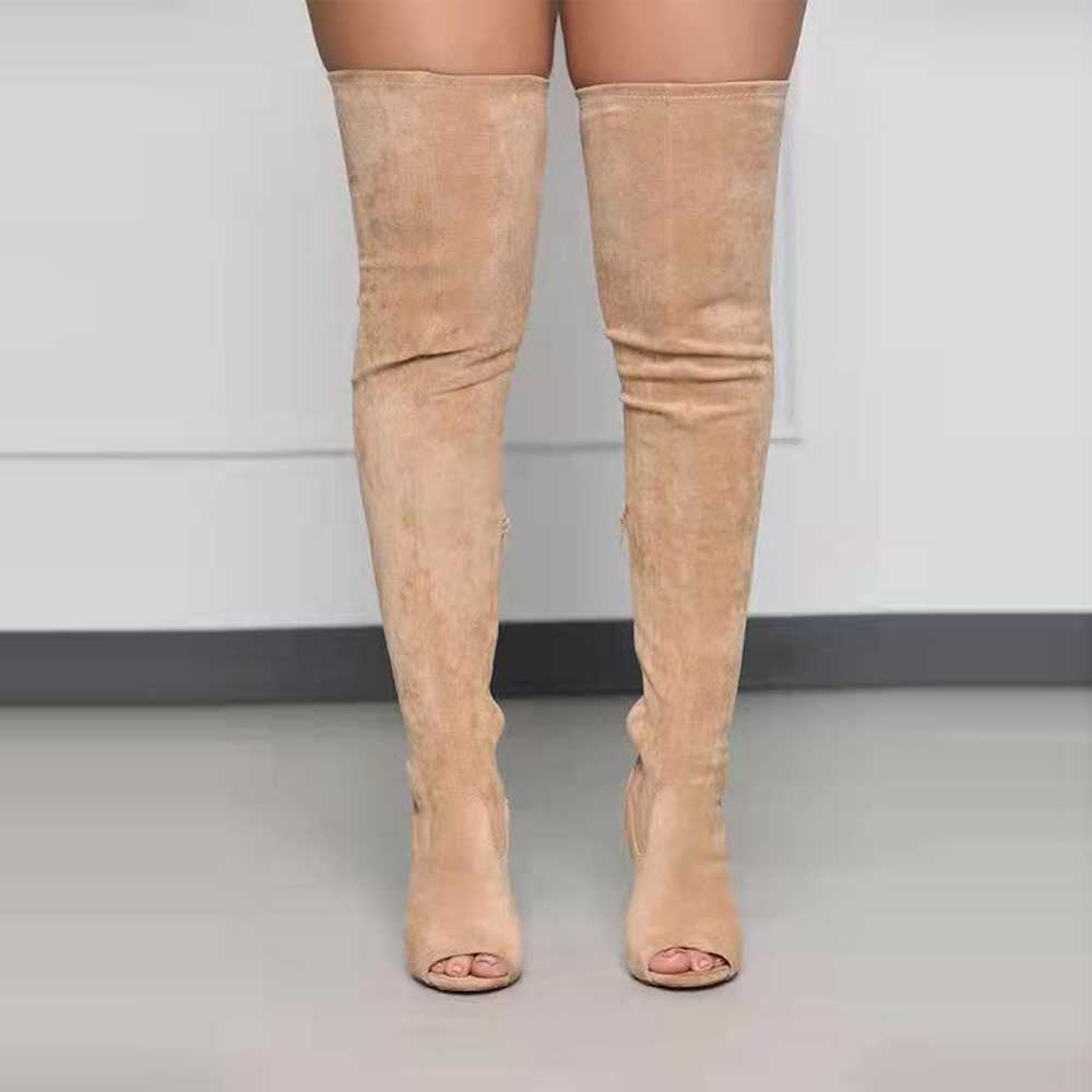 Beige high heeled over the knee boots for women with peep toe design and suede texture