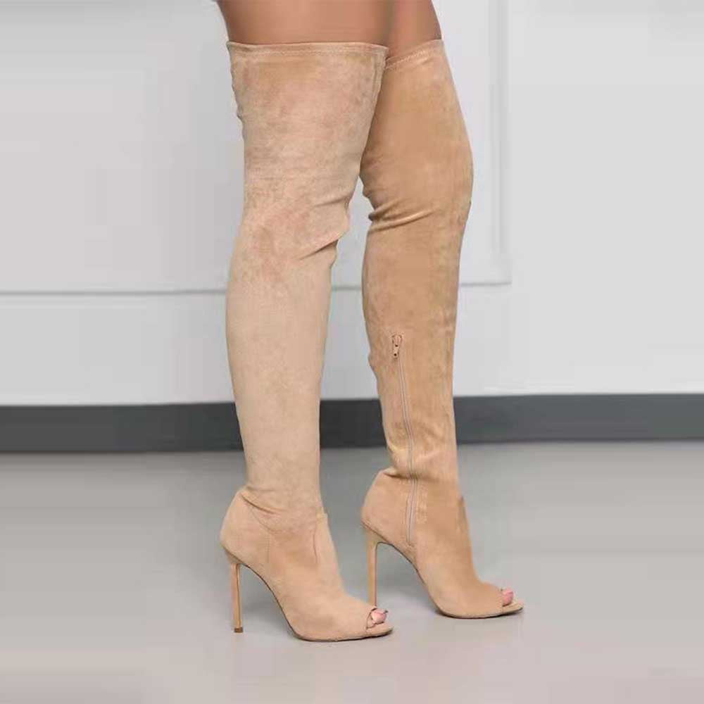 Beige high heeled over the knee boots for women with open toe and stiletto heel design