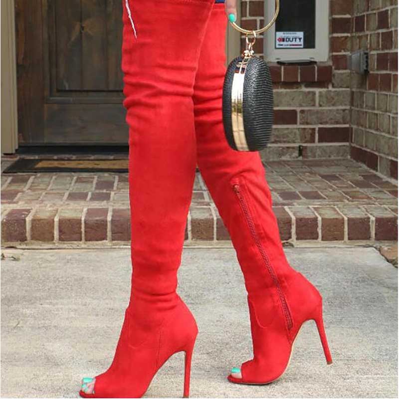 Red high heeled over the knee boots for women with side zipper and open toe design