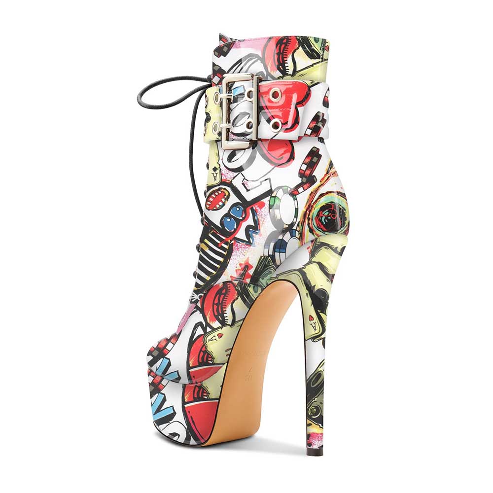 NONEBT stylish multi-color platform ankle boots with high stiletto heel and buckle detail