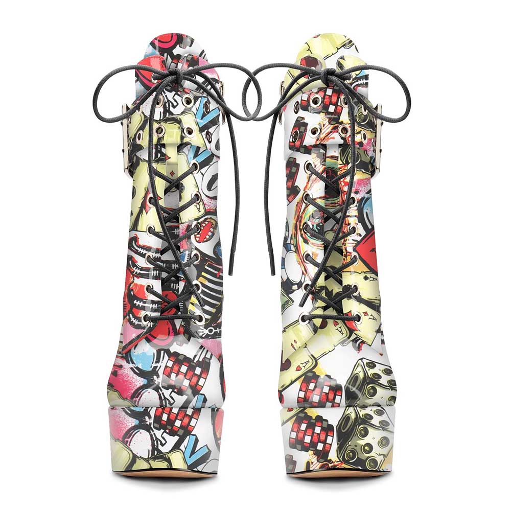 NONEBT multi-color platform ankle boots with graffiti-style design and black laces
