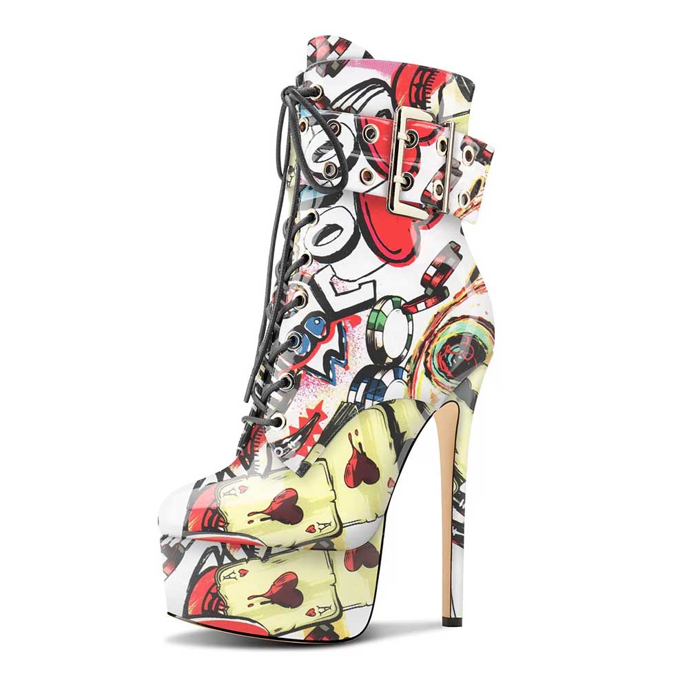 NONEBT multi-color platform ankle boots with high heels and graphic print design