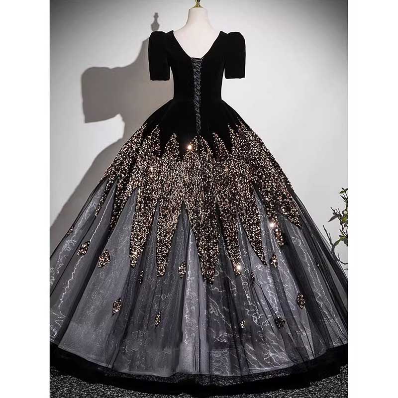 Velvet Sequin Tulle Prom Dress Wedding Ball Gown Dress