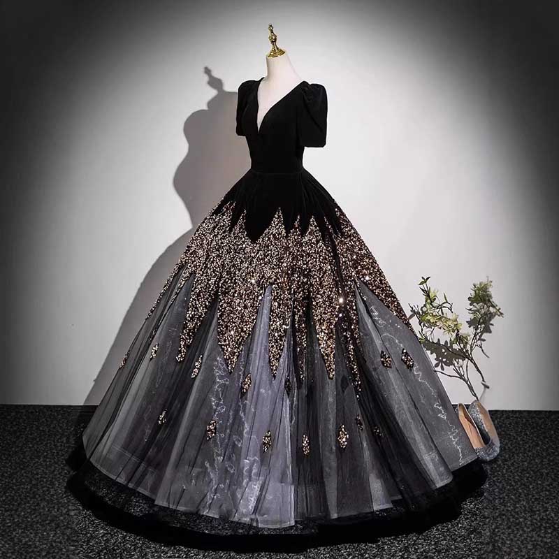 Velvet Sequin Tulle Prom Dress Wedding Ball Gown Dress