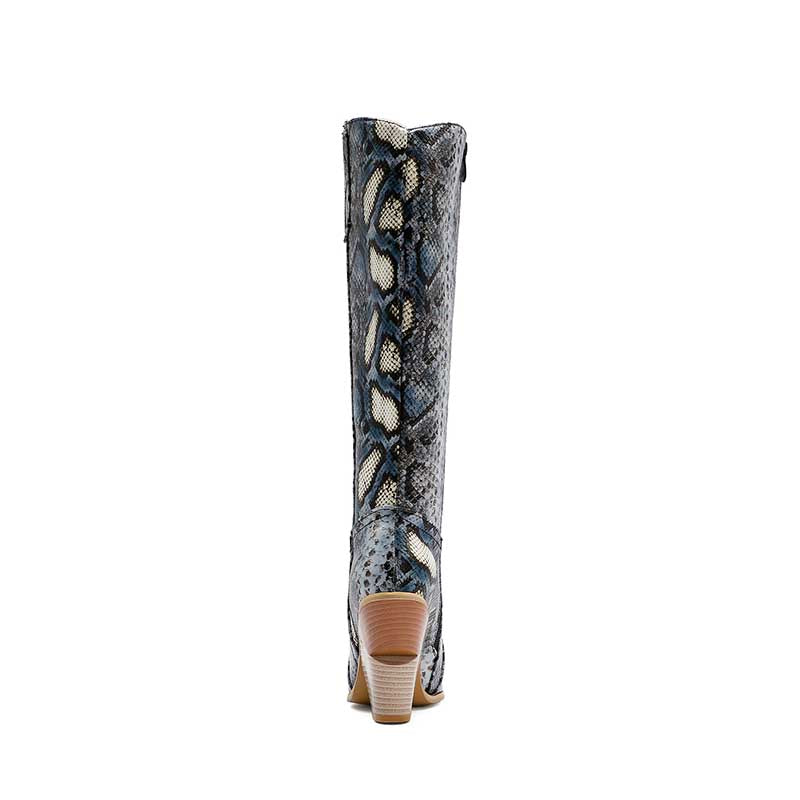 Back view of tall snakeskin western wedding guest boots with stacked wooden heel