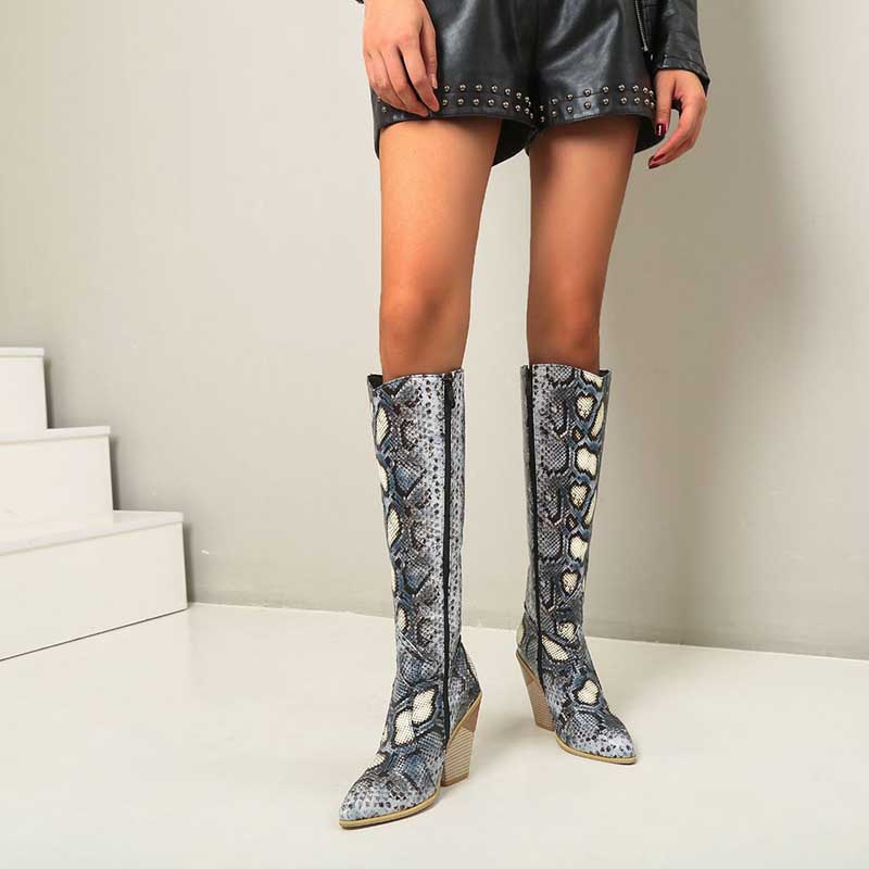NONEBT snakeskin knee-high western wedding guest boots with pointed toe and block heel