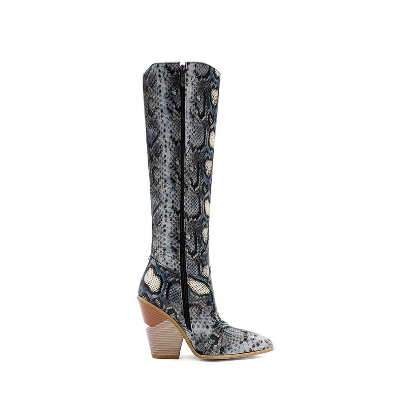 Gray snakeskin knee-high western wedding guest boots with stacked wooden heel