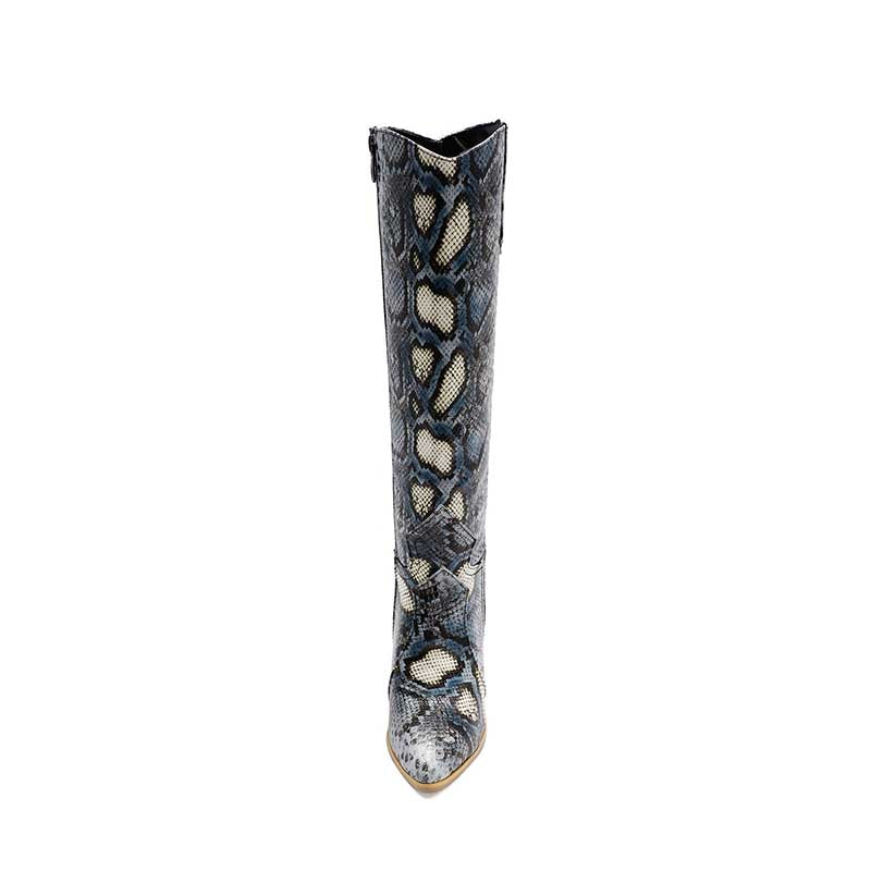 Tall snake print western wedding guest boots with pointed toe and zipper closure