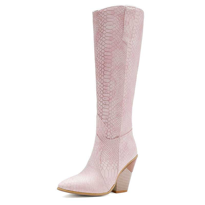 Pink textured western wedding guest boots with pointed toe and stacked heel for stylish events