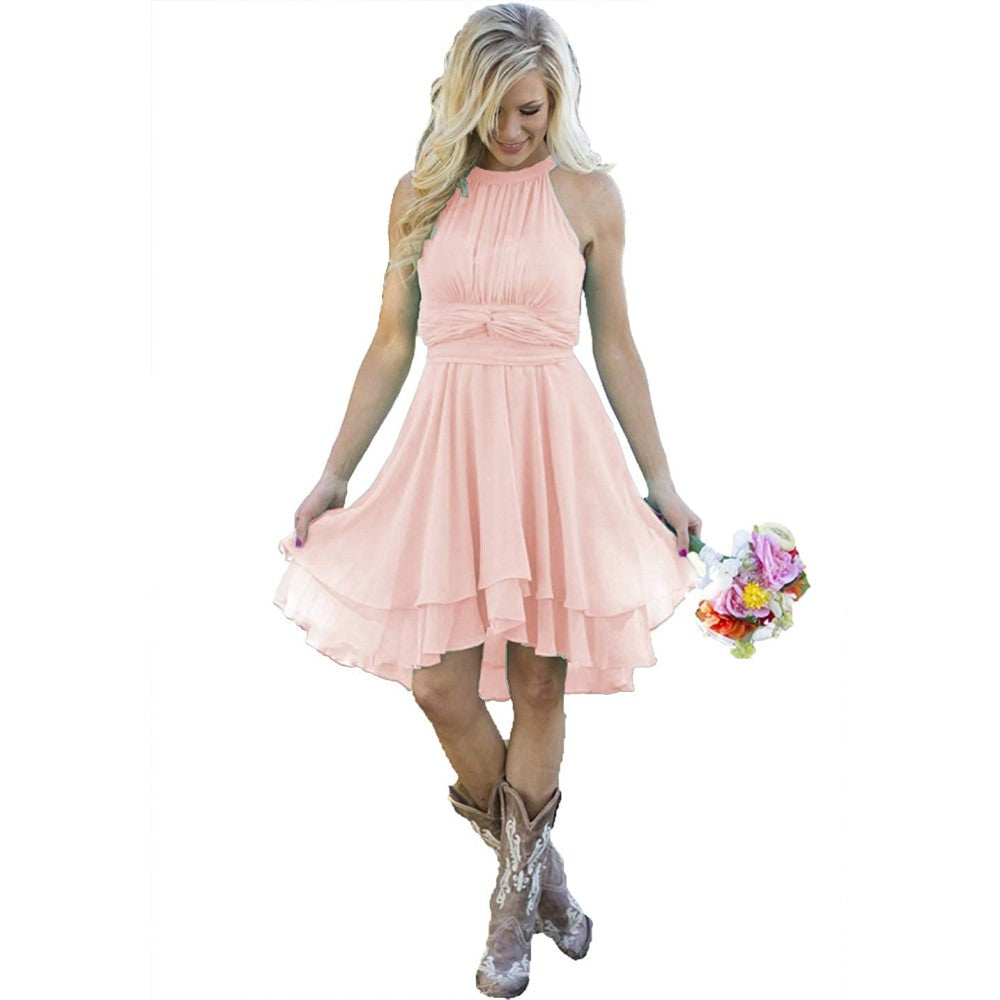 sd-hk pink bridesmaid dress styled as western wedding guest dress for women with flowy skirt and sleeveless design