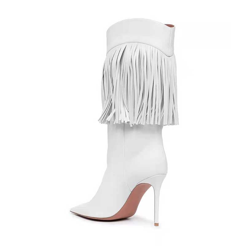 White fringe heeled boots with pointed toe and high stiletto heel in smooth leather