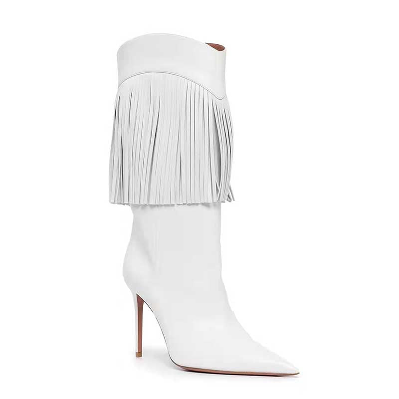 White fringe heeled boots with pointed toe and stiletto heel from NONEBT