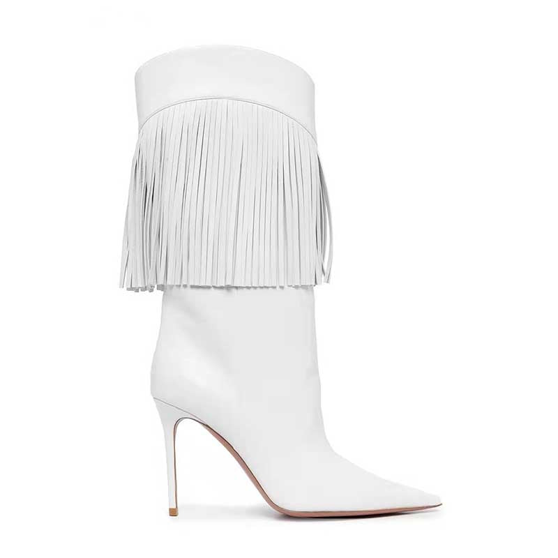White fringe heeled boots with pointed toe and stiletto heel for stylish fashion statement