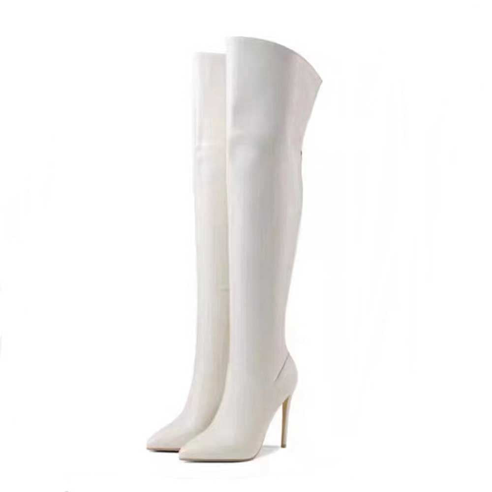 White pointed toe over the knee boots for women with high stiletto heels