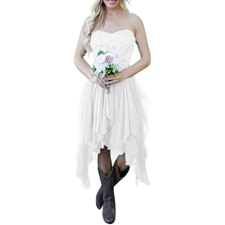 Country High Low Bridesmaid Dress Chiffon Lace Wedding Guest Outfit
