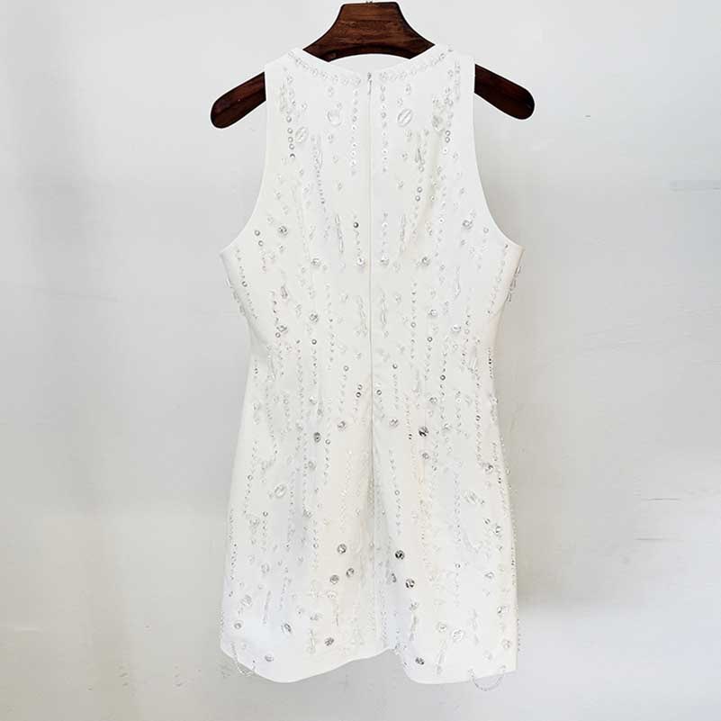 Hand-Beaded Short Dress White Mini Dress