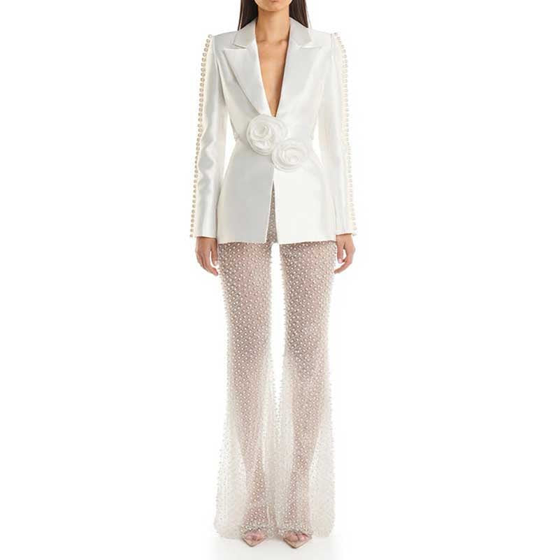 Wedding Suit Flower Pearls Detail Slim Fit Suit