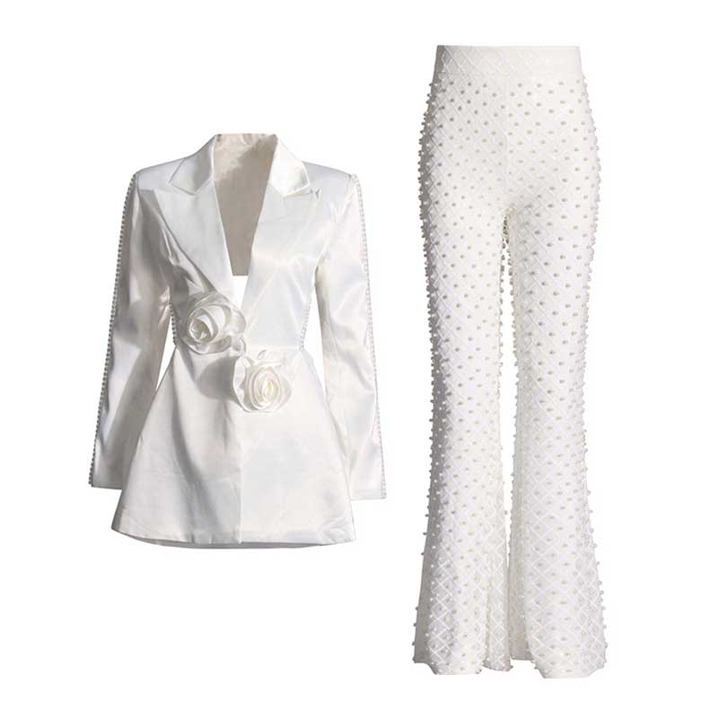 Wedding Suit Flower Pearls Detail Slim Fit Suit