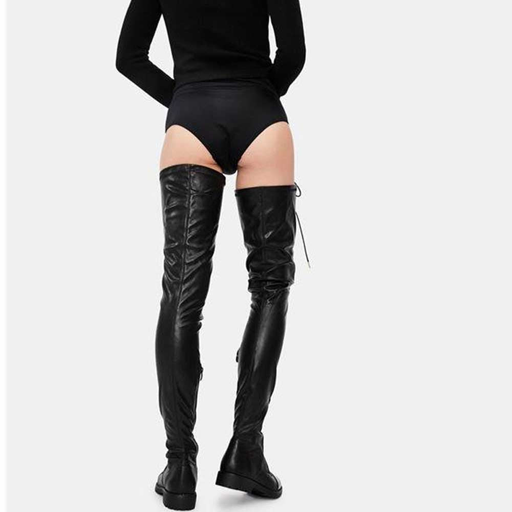 Black over the knee laced boots for women with flat soles and back lace-up detail