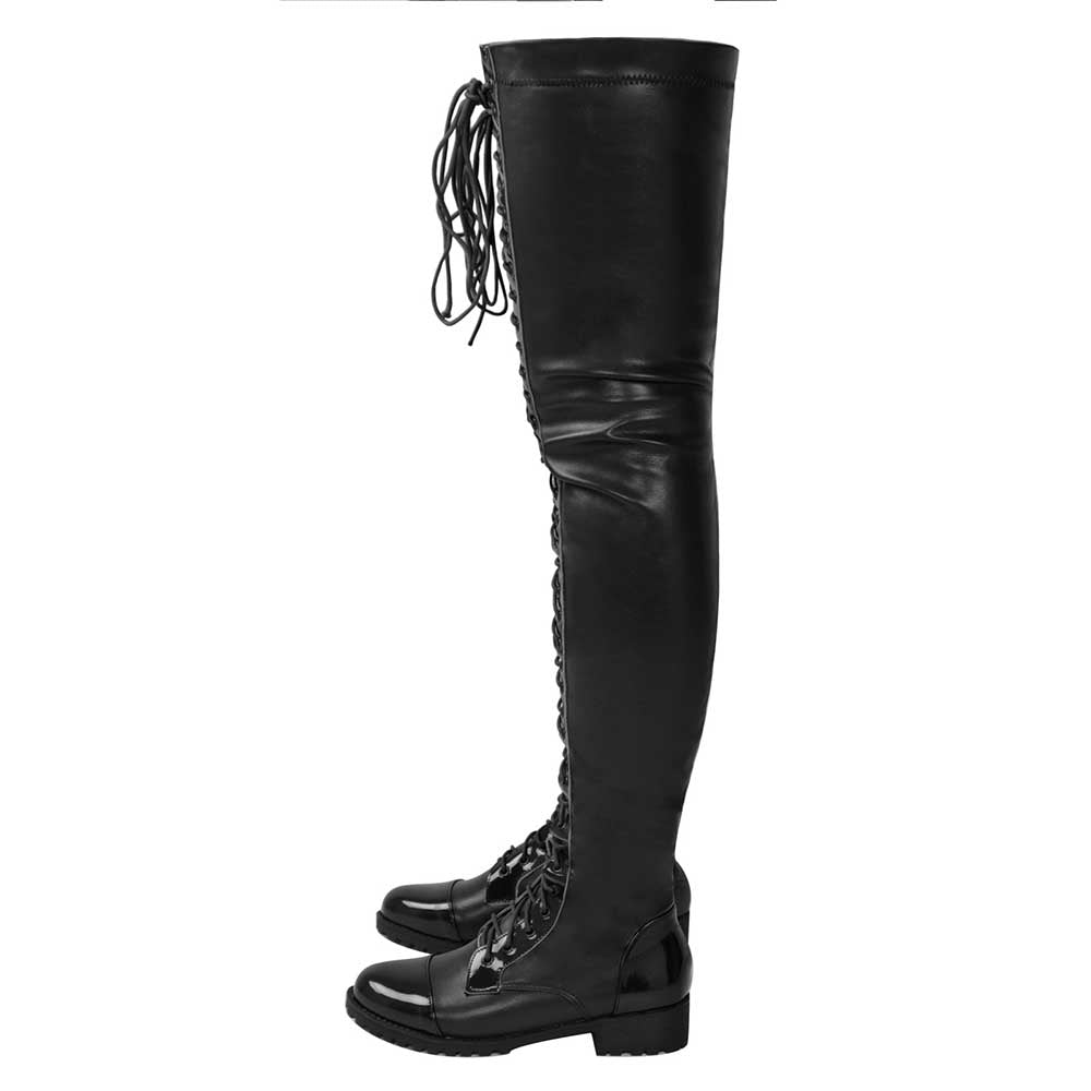 Black over the knee laced boots for women with durable sole and high shaft