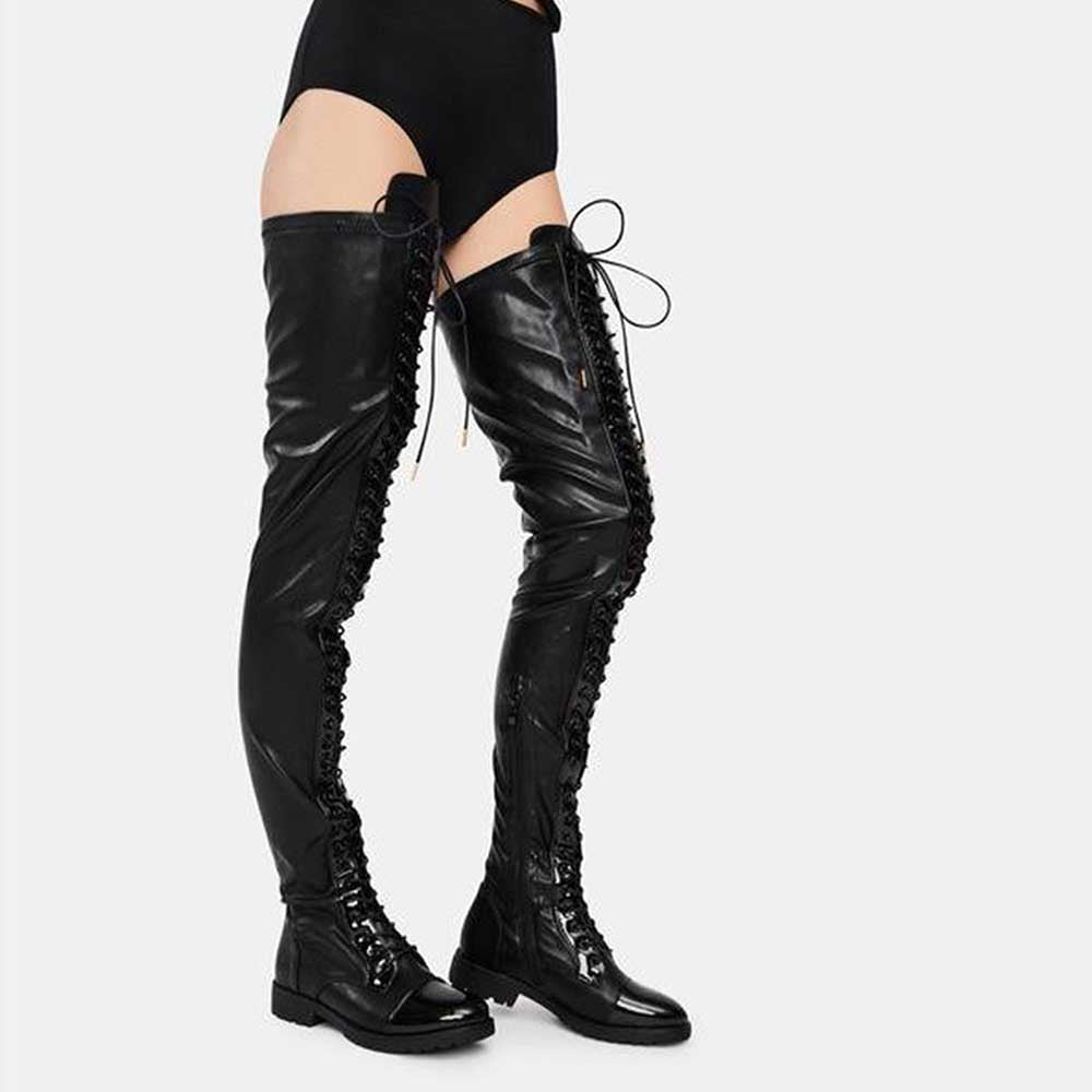 Black leather over the knee laced boots for women with flat soles and front lace-up design