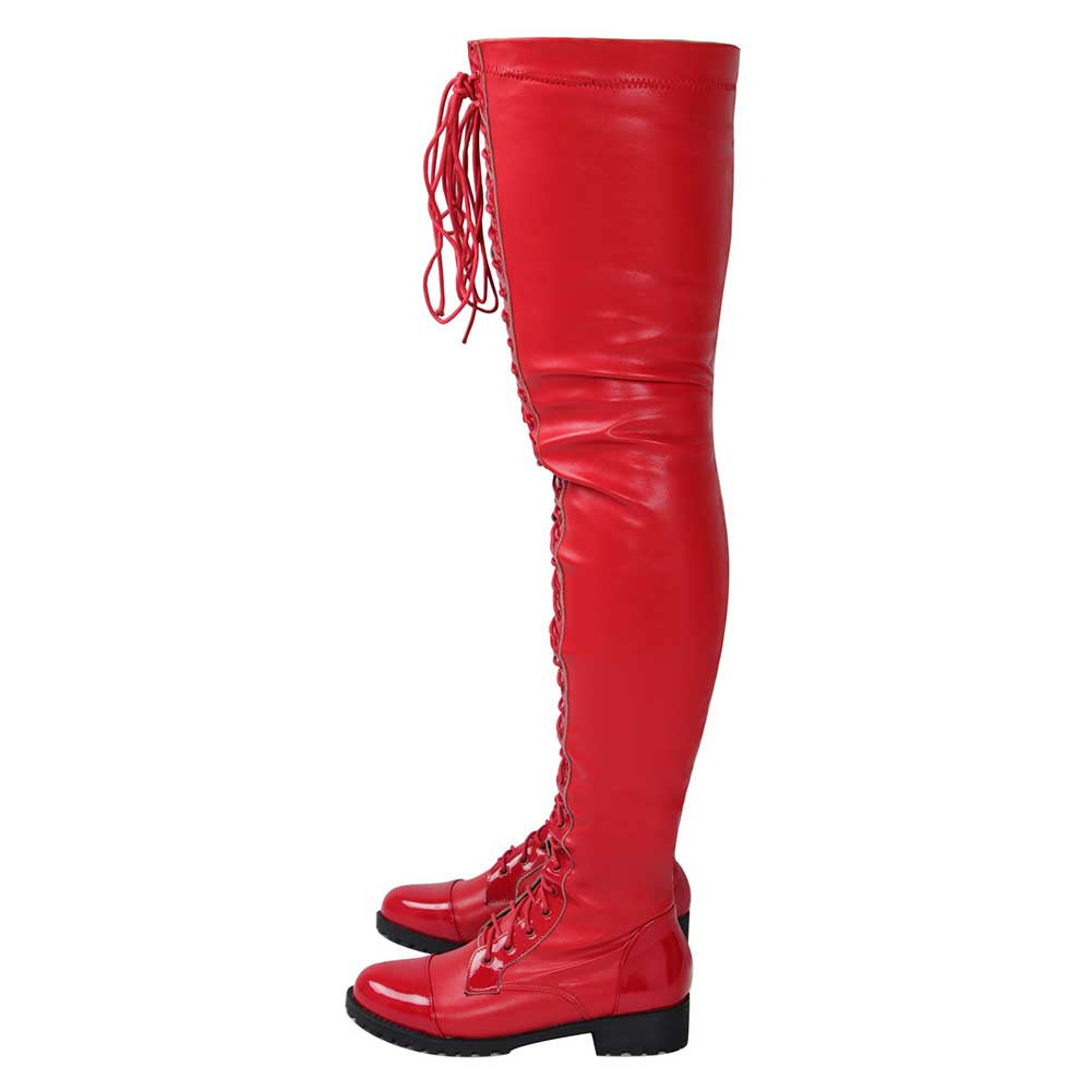 Red glossy over the knee laced boots for women with flat soles and back lacing design