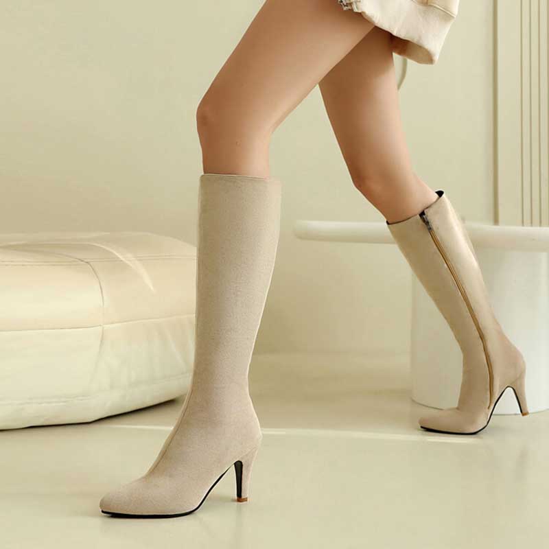 Elegant beige women's suede knee-high boots with a slim heel and side zipper detail