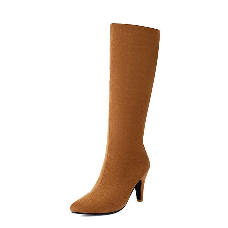 Light brown women's suede knee-high boots with pointed toe and mid heel