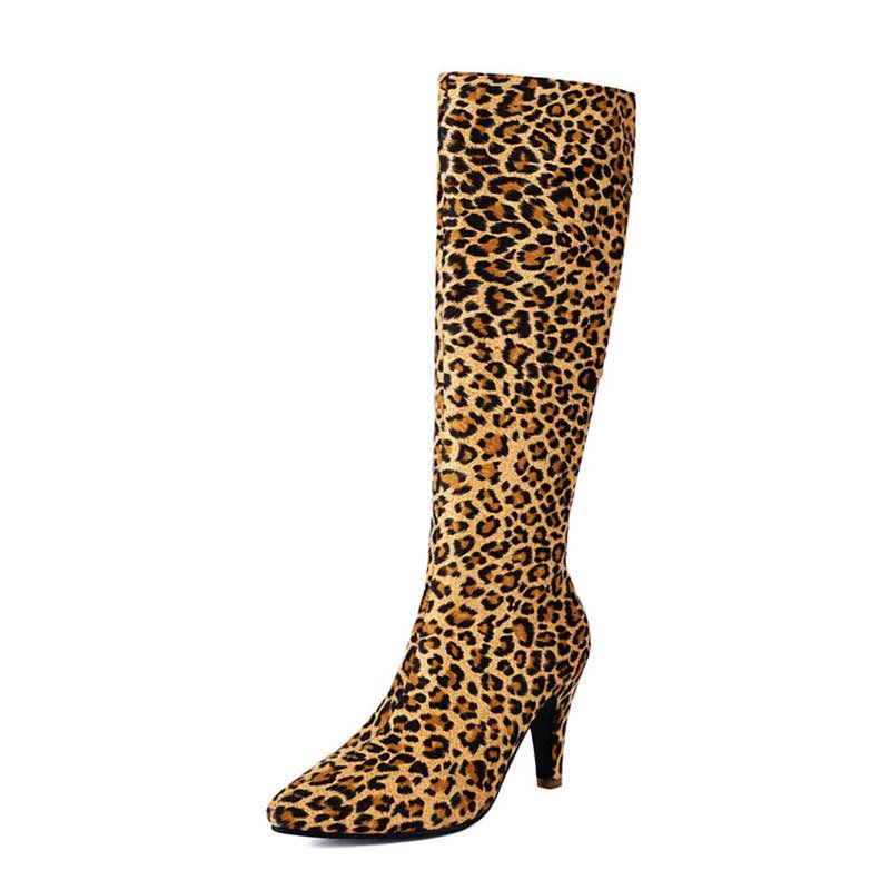 Women's suede knee-high boots with leopard print and mid-height heel for stylish occasions