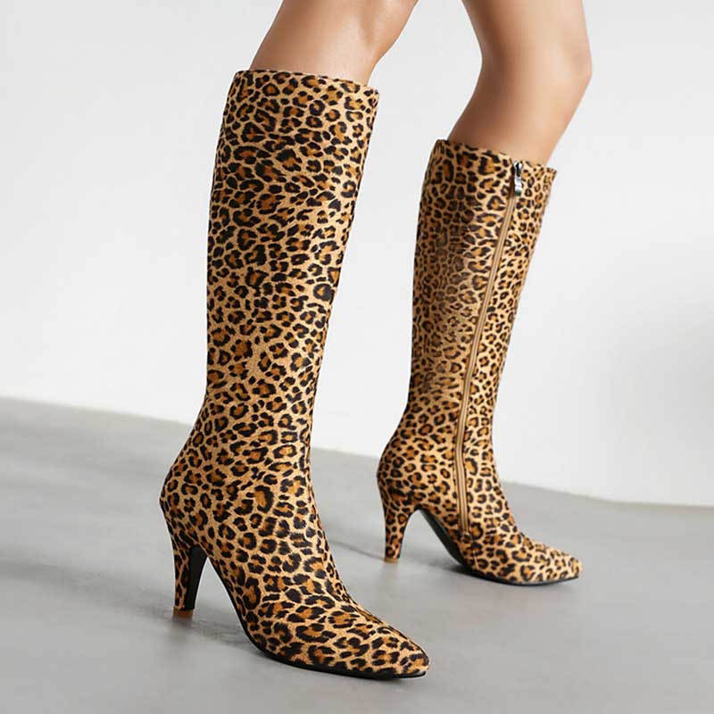 Leopard print women's suede knee-high boots with pointed toe and mid heel