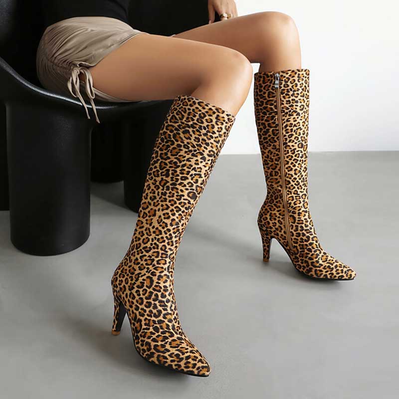 Women's suede knee-high boots with leopard print and pointed toe high heels