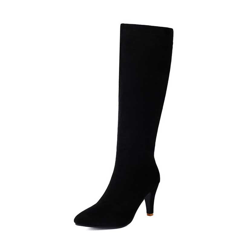 Black women's suede knee-high boots with mid-height heel and pointed toe design