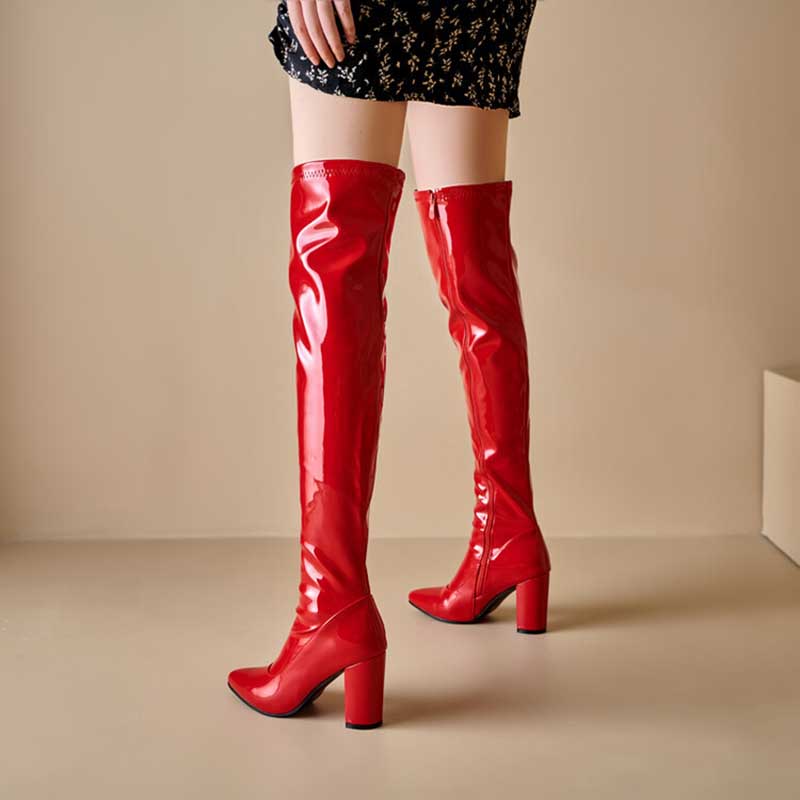 Red patent leather women's chunky heel boots for prom with over-the-knee design and side zipper