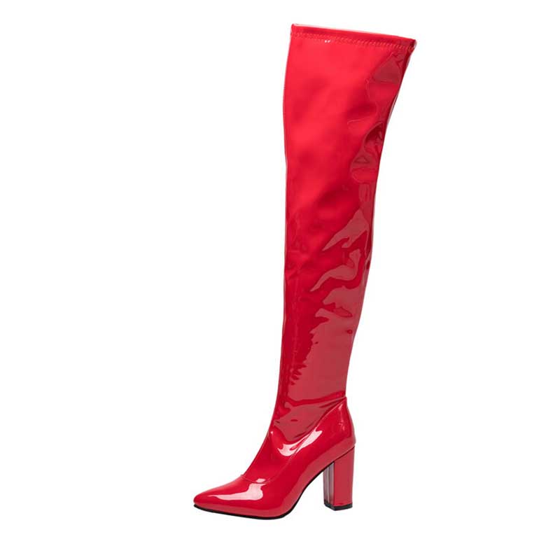 Red patent knee-high women's chunky heel boots for prom with a block heel and pointed toe
