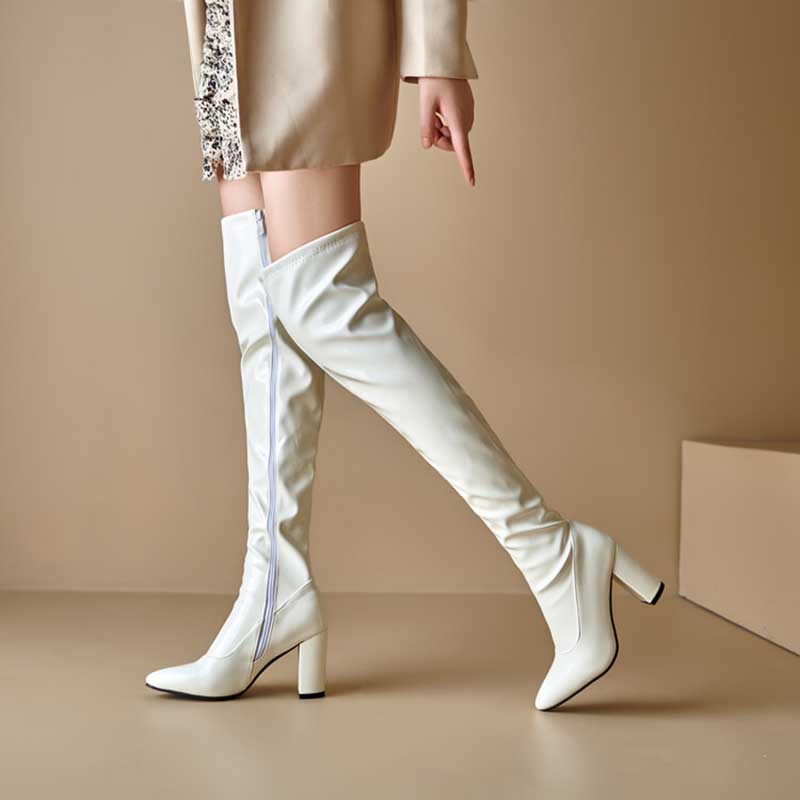 White women's chunky heel boots for prom with over-the-knee design and side zipper closure